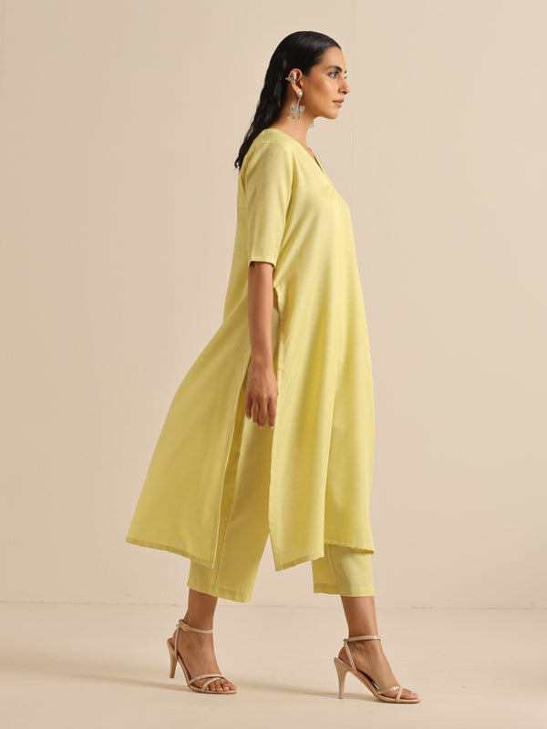 trueBrowns Spark Green Slub High Slit Kurta Pant Set - Distacart