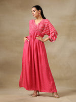 Thumbnail for trueBrowns Pink Bandhani Printed Silk Drop Shoulder Dress - Distacart