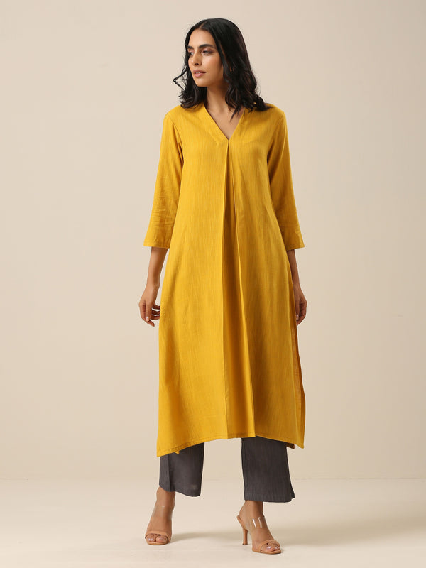 trueBrowns Mustard Yellow Slub Texture Neck Pleat Kurta Pant Set - Distacart