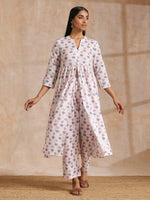 Thumbnail for trueBrowns White With Pink Blue Buta Block Print Cotton Kurta Pant Set - Distacart