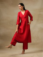 Thumbnail for trueBrowns Maroon Textured Silk Overlap Pleat Kurta Pant Set - Distacart