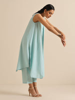 Thumbnail for trueBrowns Sky Blue Slub Sleeveless Flared Kurta Pant Set - Distacart