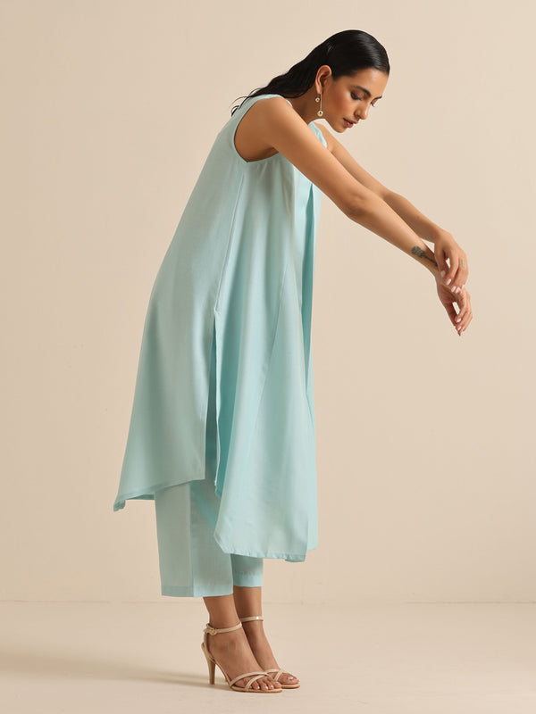 trueBrowns Sky Blue Slub Sleeveless Flared Kurta Pant Set - Distacart