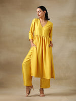 Thumbnail for trueBrowns Yellow Textured Silk High Slit Gathered Kurta Set - Distacart