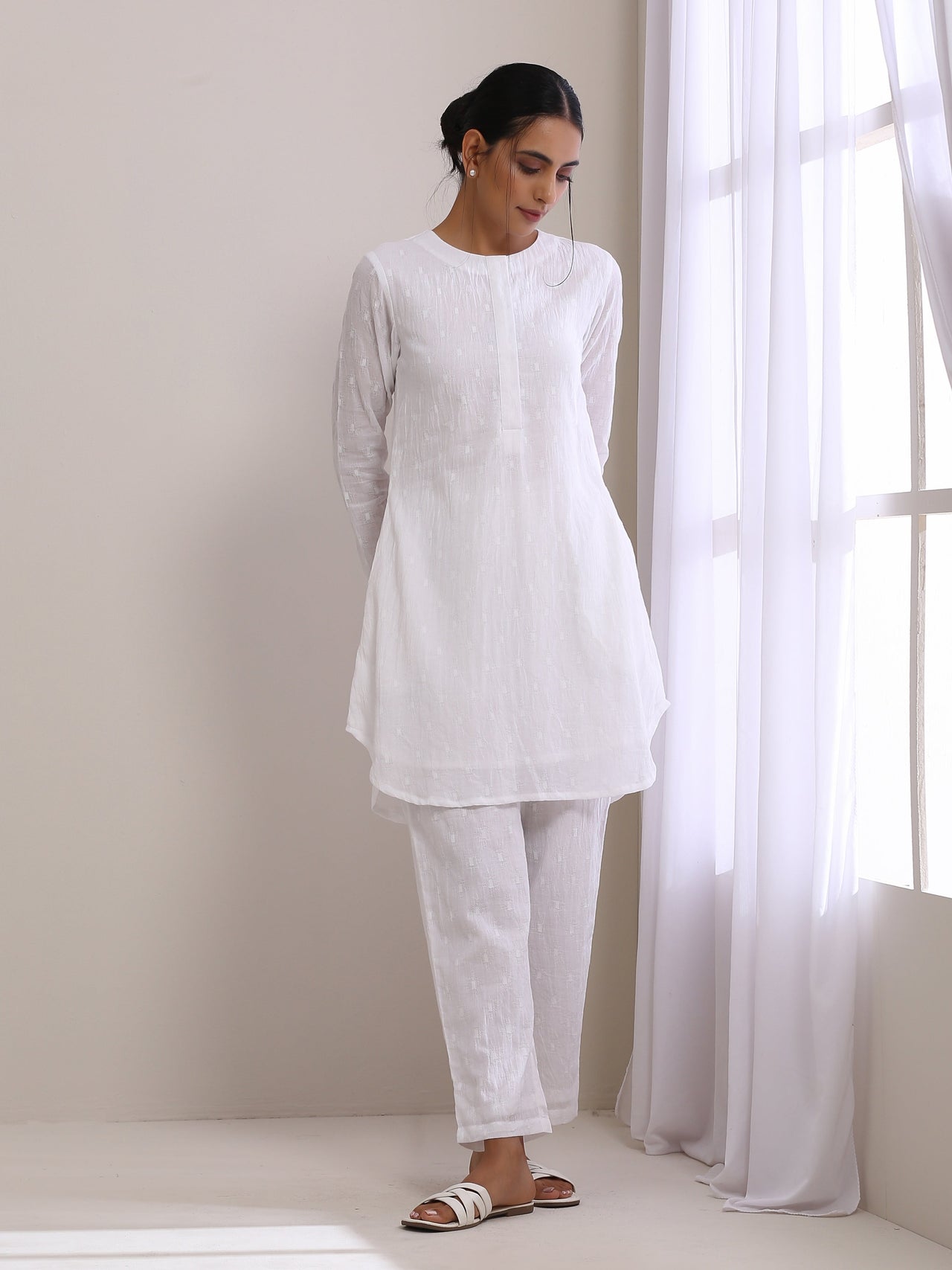 trueBrowns White Dobby Front Placket Co-Ord Set - Distacart
