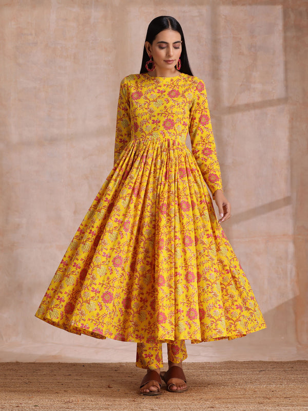 trueBrowns Sunshine Yellow Overall Floral Block Print Cotton Kurta Pant Dupatta Set - Distacart