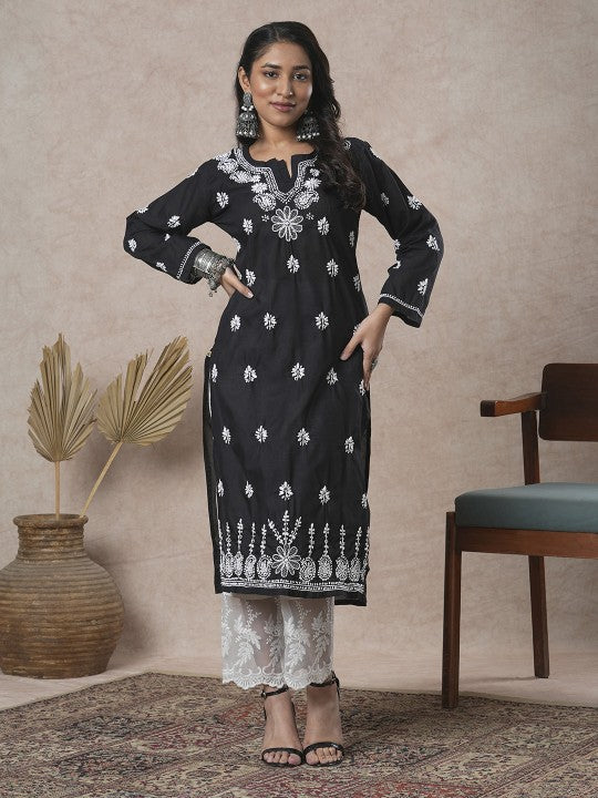 ADA Women Sustainable Black & White Paisley Chikankari Hand Embroidered Straight Kurta - Distacart