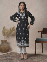 Thumbnail for ADA Women Sustainable Black & White Paisley Chikankari Hand Embroidered Straight Kurta - Distacart