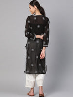 Thumbnail for ADA Women Black & White Chikankari Hand Embroidered Semi-Sheer Straight Sustainable Handloom Kurta - Distacart