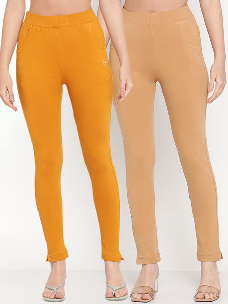 TAG 7 Pack of 2 Beige & Mustard Yellow Ankle-Length Leggings - Distacart