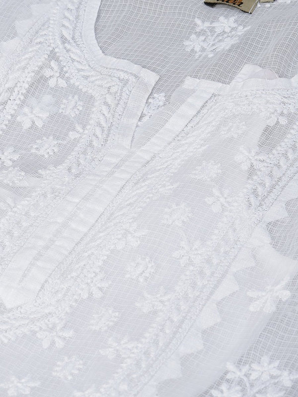 ADA Women White Chikankari Hand Embroidered Semi-Sheer Straight Kota Handloom Kurta - Distacart