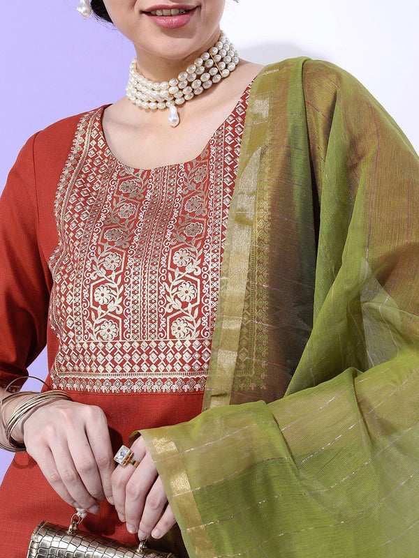 Vishudh Women Rust & Green Yoke Design Straight Kurta with Trousers & With Dupatta - Distacart