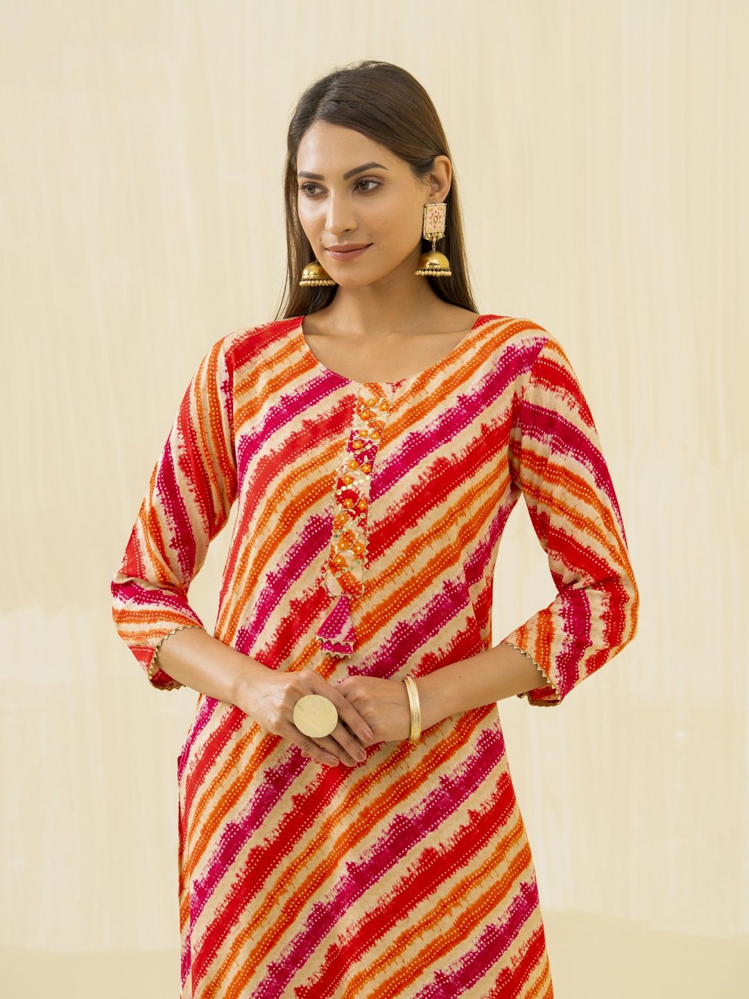Ode by House of Pataudi Orange Striped Round Neck Gotta Patti Straight Kurta - Distacart