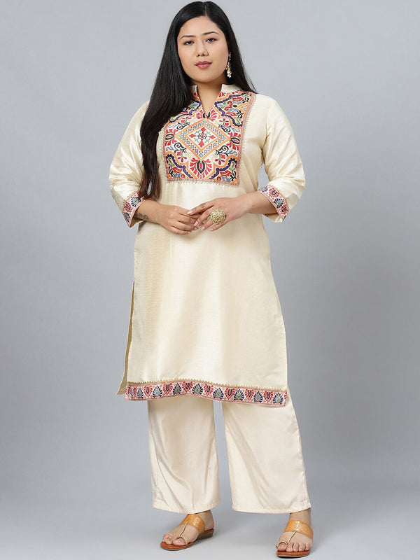Sztori Plus Size Ethnic Motifs Printed Mandarin Collar Straight Kurta with Palazzos - Distacart