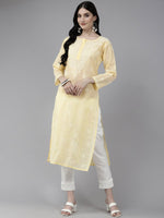 Thumbnail for ADA Women Cream-Coloured & White Ethnic Motifs Embroidered Chikankari Cotton Kurta - Distacart