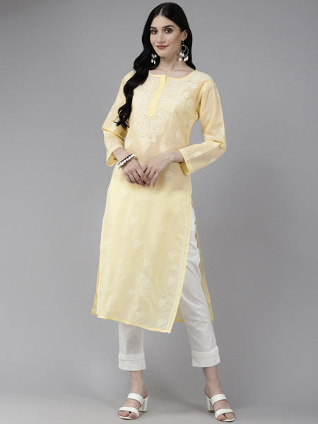 ADA Women Cream-Coloured & White Ethnic Motifs Embroidered Chikankari Cotton Kurta - Distacart