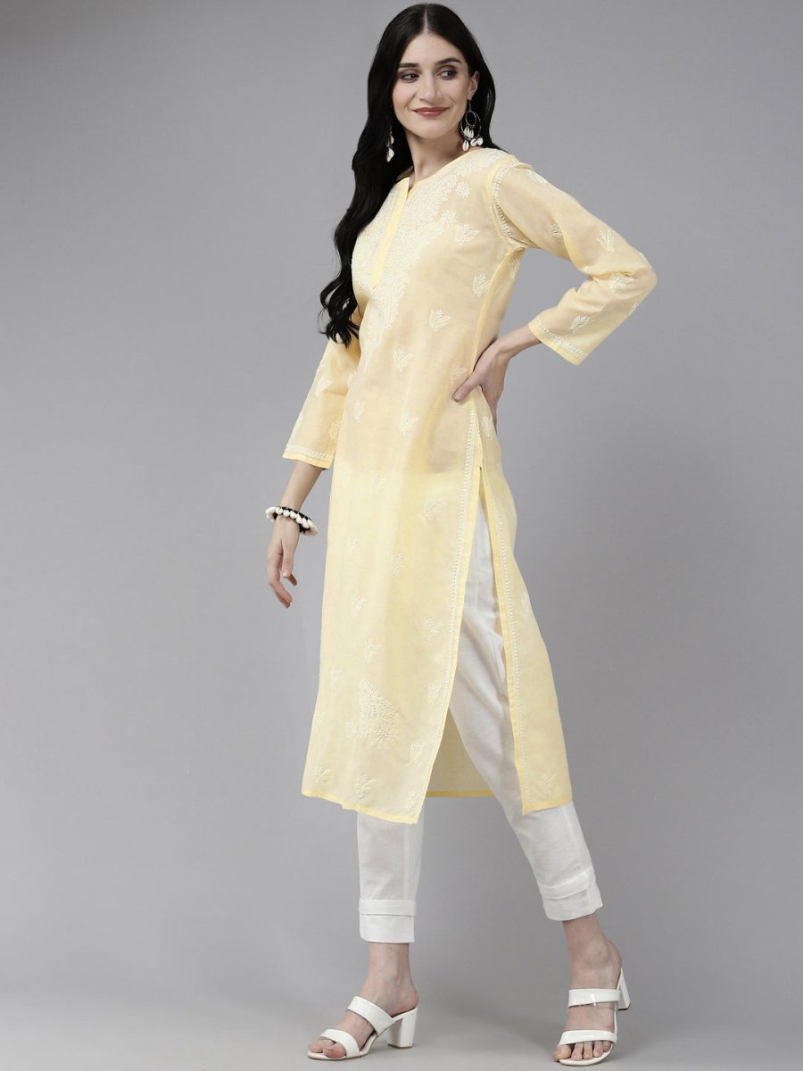 ADA Women Cream-Coloured & White Ethnic Motifs Embroidered Chikankari Cotton Kurta - Distacart