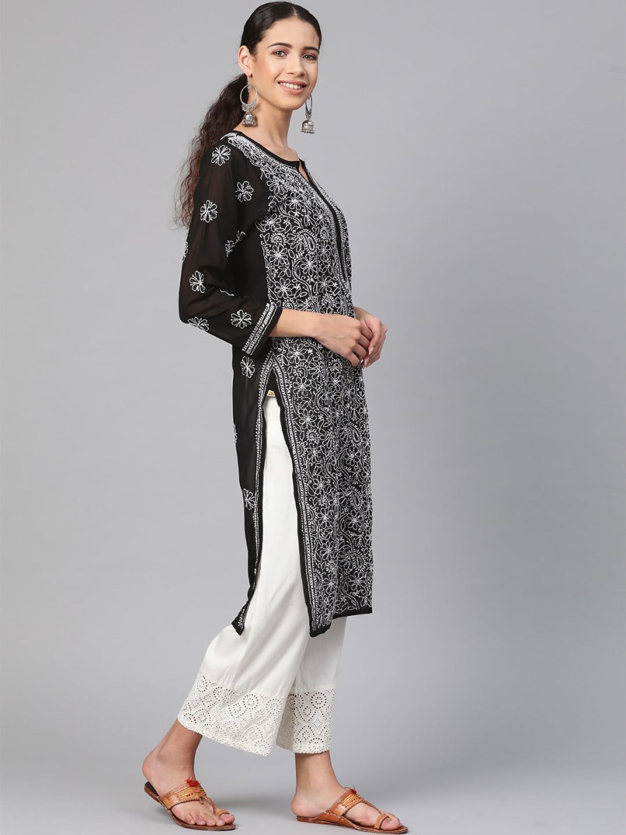 ADA Women Black & White Chikankari Hand Embroidered Semi-Sheer Straight Sustainable Handloom Kurta - Distacart