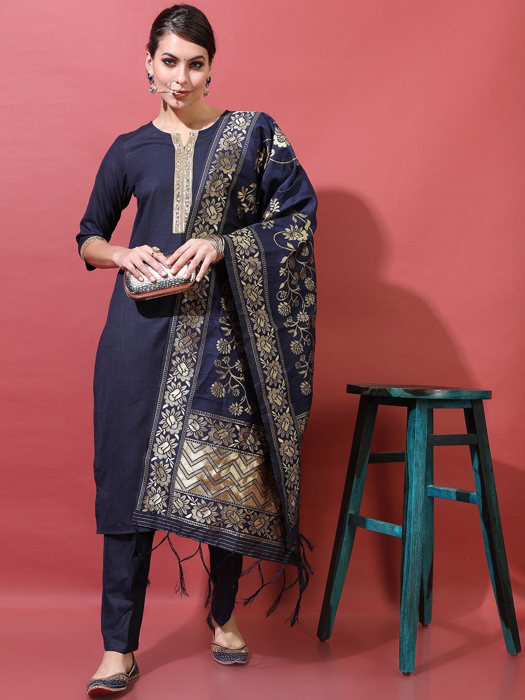 Vishudh Women Navy Blue Ethnic Motifs Kurta with Trousers & Dupatta