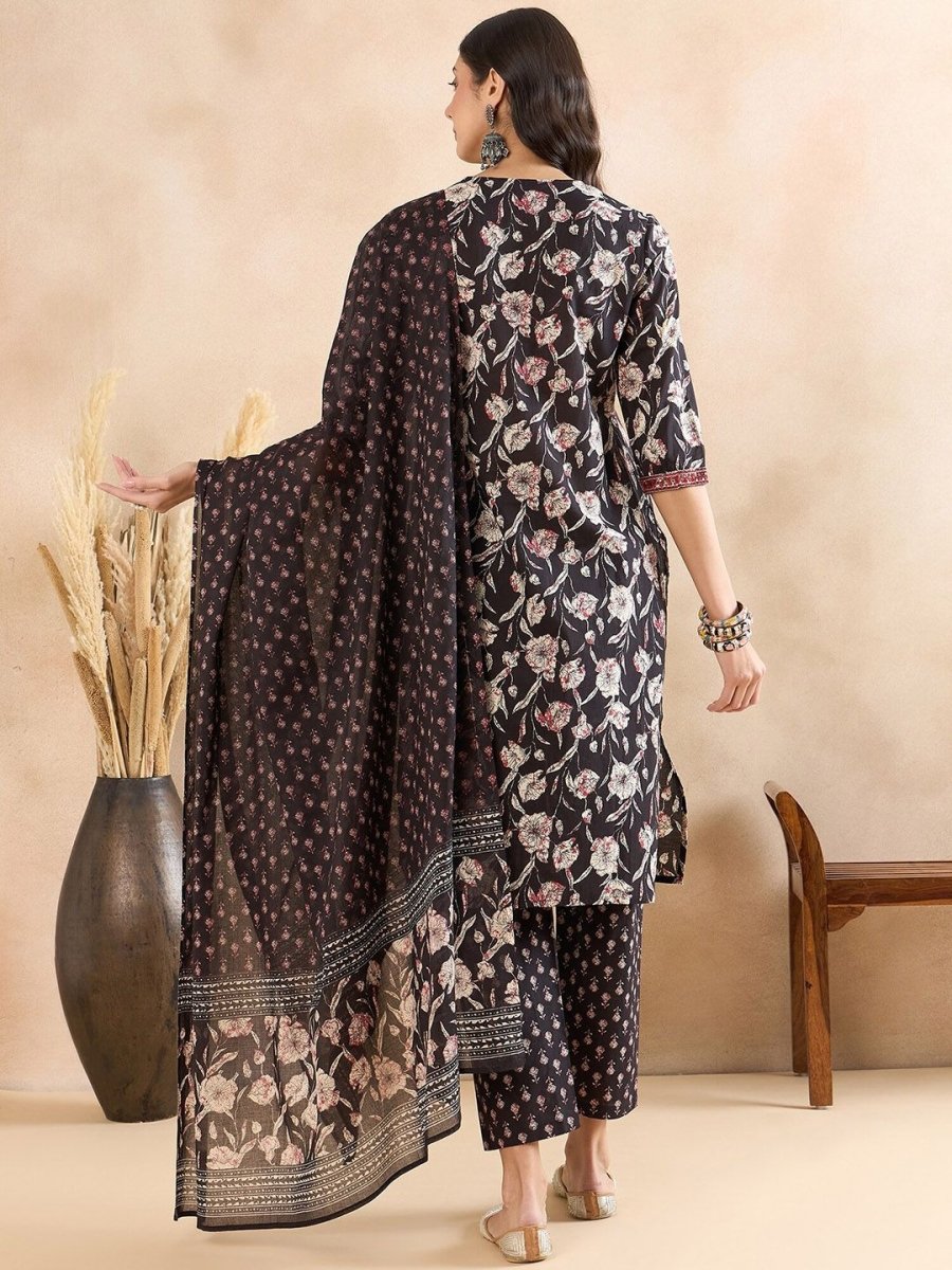 Anouk Black Floral Printed Thread Work Pure Cotton A-Line Kurta with Trousers & Dupatta
