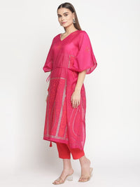 Thumbnail for Ahalyaa Pink Chanderi Orange khari Print Kaftan With Trouser