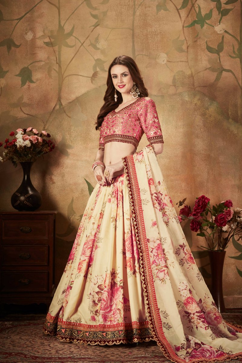 Aastha Fashion Women's Delightful Beige-Peach Floral Print Organza Wedding Wear Lehenga Choli - Distacart