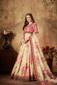 Thumbnail for Aastha Fashion Women's Delightful Beige-Peach Floral Print Organza Wedding Wear Lehenga Choli - Distacart