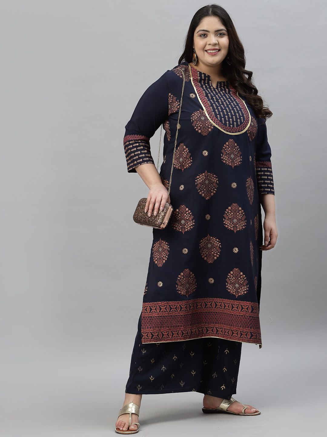 Sztori Plus Size Floral Printed Round Neck Straight Kurta with Palazzos - Distacart
