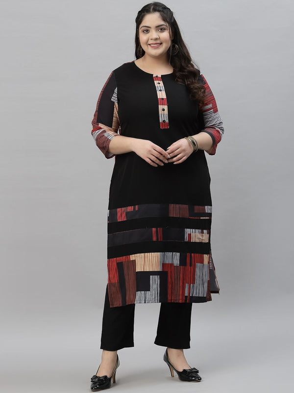 Sztori Black & Red Ethnic Motifs Printed Crepe A-Line Kurta - Distacart