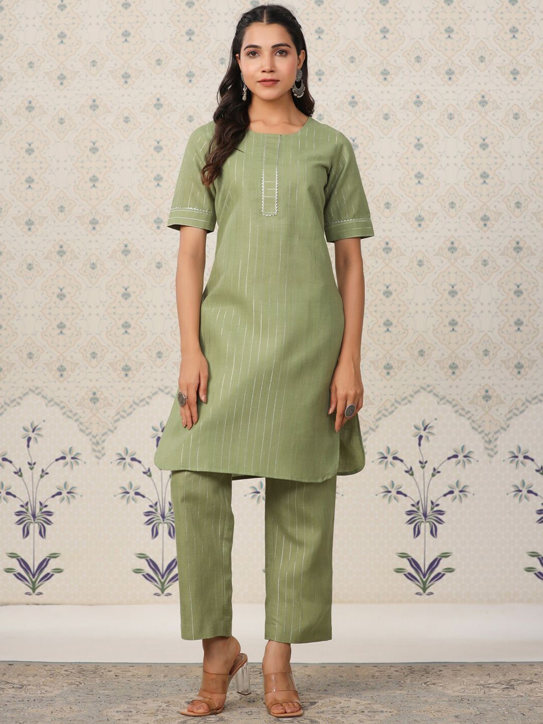 Ode by House of Pataudi Striped Regular Gotta Patti Kurta With Trousers - Distacart