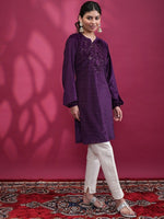 Thumbnail for Vishudh Purple Floral Embroidered Sequined Straight Kurta - Distacart