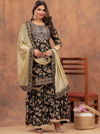 Thumbnail for Floral Printed Gotta Patti Straight Kurta with Sharara & Dupatta (Black) - Rasiya