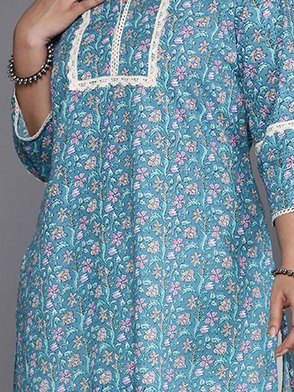 Sztori Plus Size Floral Printed Notch Neck Cotton Straight Kurta - Distacart