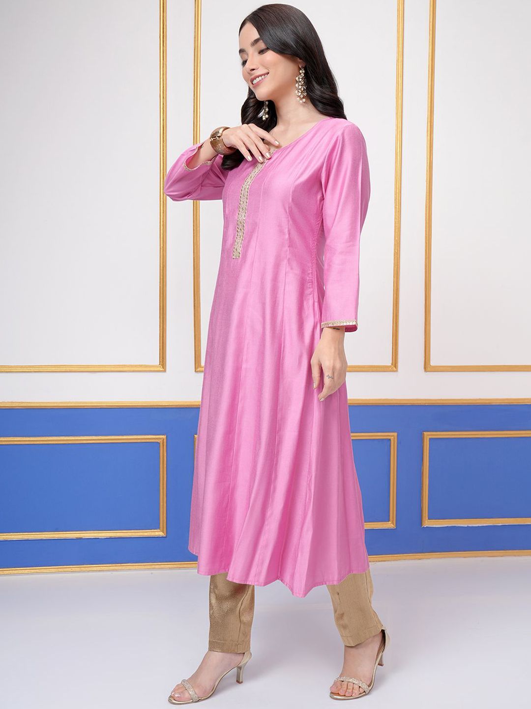 Vishudh Pink Round Neck Three-Quarter Sleeves Panelled A-Line Kurta - Distacart