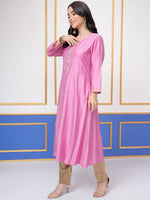 Thumbnail for Vishudh Pink Round Neck Three-Quarter Sleeves Panelled A-Line Kurta - Distacart