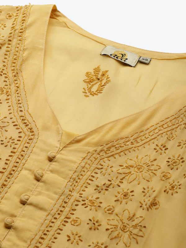 ADA Women Beige & Black Ethnic Motifs Embroidered Chikankari Handloom Kurta with Trousers - Distacart