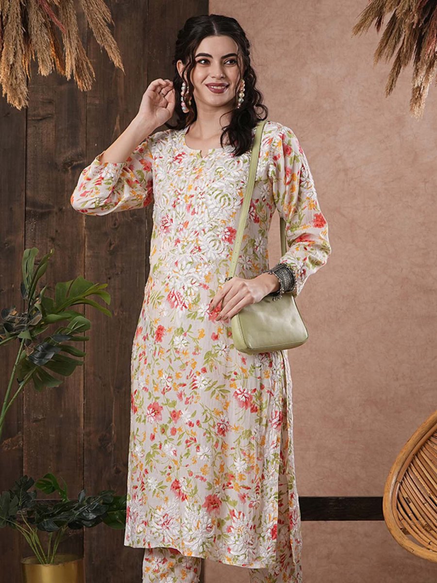 ADA Floral Printed Round Neck Regular Lucknowi Chikankari Kurta with Trousers - Distacart