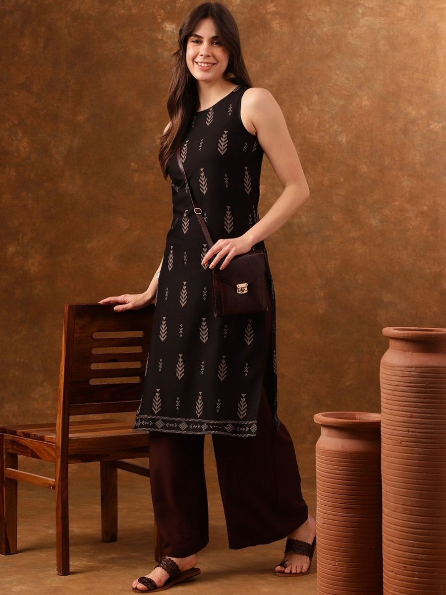 Anouk Black Ethnic Motifs Printed Sleeveless Straight Kurta