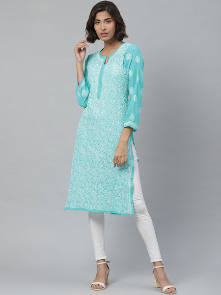 ADA Women Sea Green & White Floral Chikankari Embroidered Straight Sustainable Handloom Kurta - Distacart