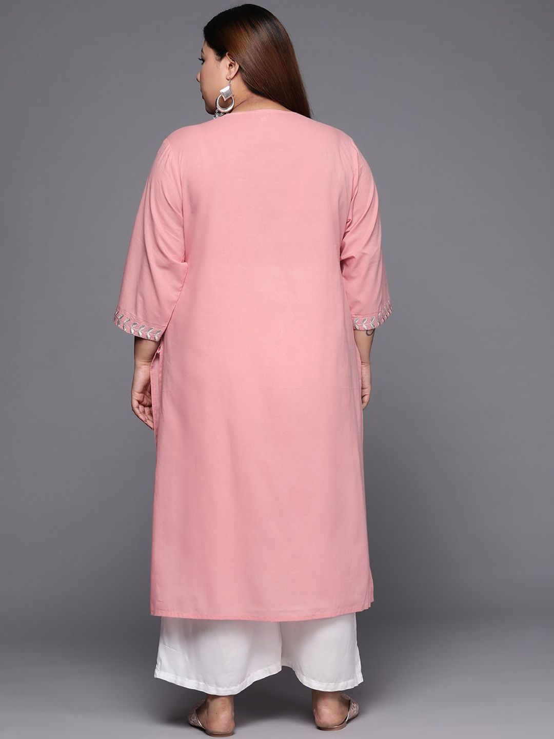 Sztori Plus Size Floral Embroidered Round Neck Cotton Straight Kurta - Distacart