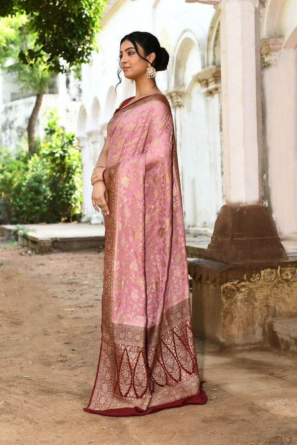Joban Fashion Nude Pink Crepe Chiffon Pure Handloom Banarasi Silk Saree