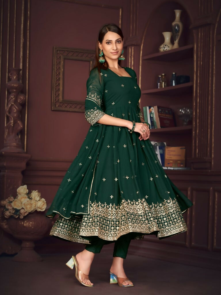 Jyoti Fashion Women's Golden & Bottle Green Georgette Embroidered Anarkali Kurta Pant Set With Dupatta