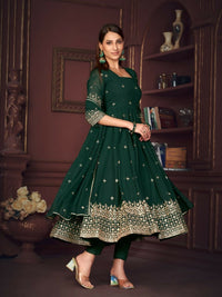 Thumbnail for Jyoti Fashion Women's Golden & Bottle Green Georgette Embroidered Anarkali Kurta Pant Set With Dupatta
