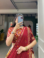 Thumbnail for Vastranavya Floral And Patola Print With Foil Work Lehenga with Unstitched Blouse - Red - Distacart
