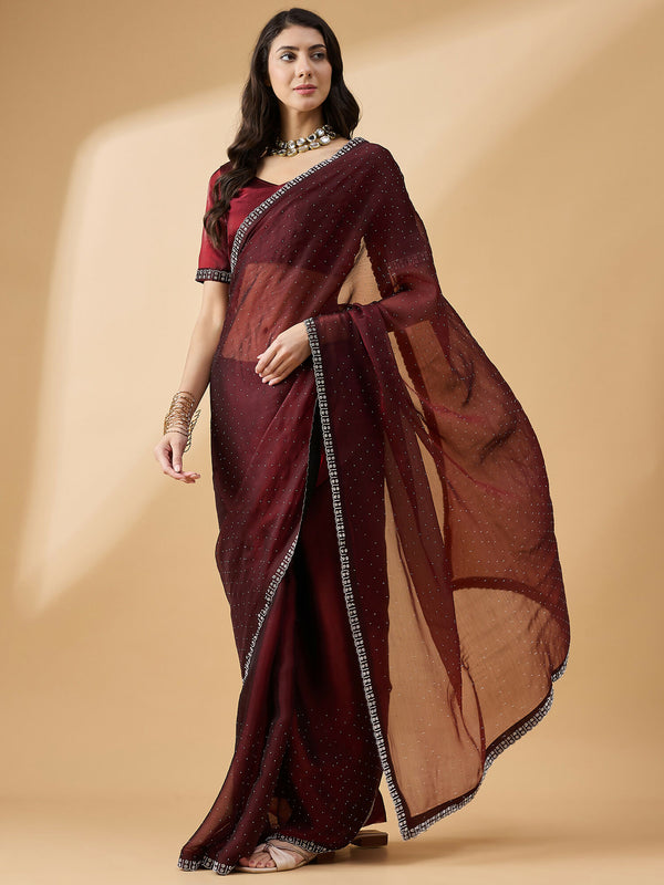 Brown Organza Swaroski Diamond Work Saree with Unstitched Blouse - Radha - Distacart