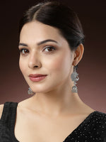 Thumbnail for NVR Women's Silver-Toned Peacock Desing German Silver Oxidised Dome Shaped Jhumka Earrings - Distacart