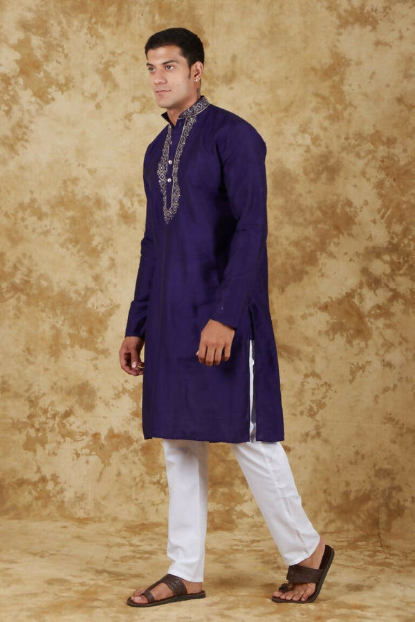 Bluesaanchi Men's Handloom Embroidered Space Blue Kurta Set - Distacart