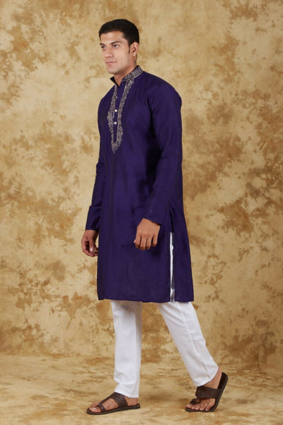 Bluesaanchi Men's Handloom Embroidered Space Blue Kurta Set - Distacart