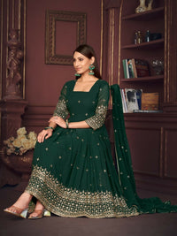 Thumbnail for Jyoti Fashion Women's Golden & Bottle Green Georgette Embroidered Anarkali Kurta Pant Set With Dupatta