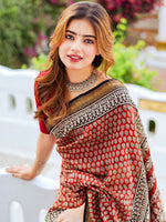 Thumbnail for Zibaa Hand-Blocked Pure Maheshwari Silk Red Saree - Small Motifs